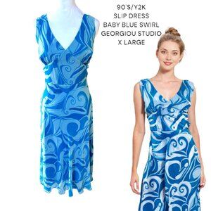 90'S/Y2K BABY BLUE SWIRL GRAPHIC SLIP MIDI DRESS X LARGE EUC
